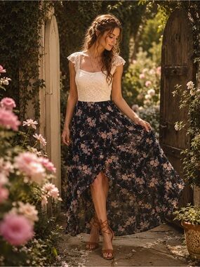 As U Wish Lace Floral High Low Maxi Dress Small Cottagecore Boho Romantic